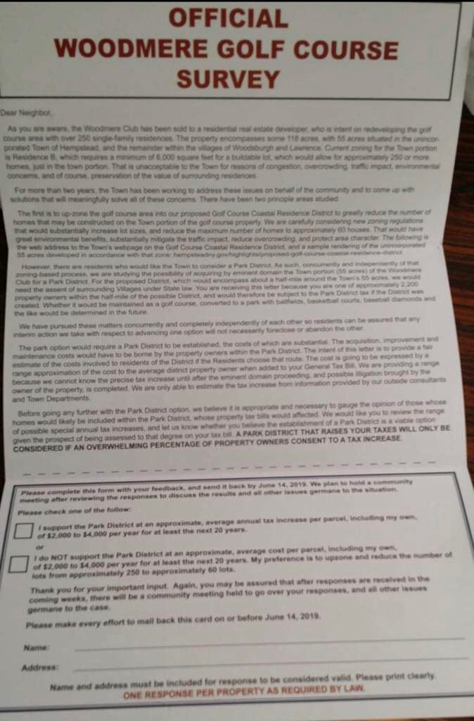 The Town of Hempstead mailed a survey to residents living within a half-mile of the Woodmere Club asking for their opinion on two options.